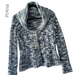 PRANA | WOOL BLEND BLUE MARLED CARDIGAN SWEATER OVERSIZED COWL NECK | LARGE